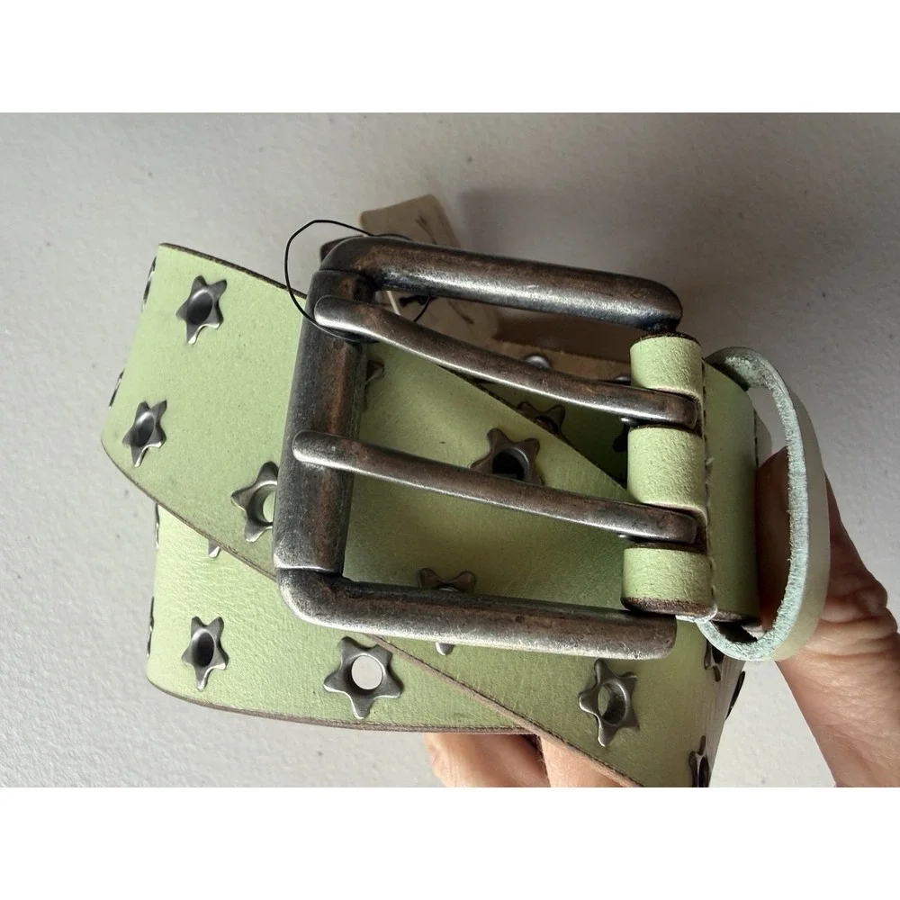 Free People Virgo Leather Belt XL Matcha Green Star Grommet Studded NWT